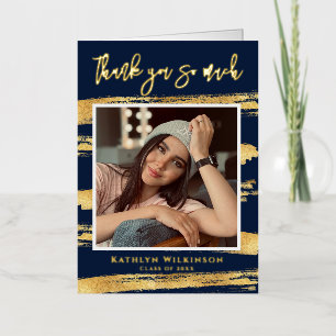 Modern Navy Blue Gold Script Afstuderen Hartelijk Folie Wenskaart