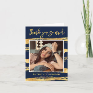 Modern Navy Blue Gold Script Chic Photo Afstuderen Bedankkaart