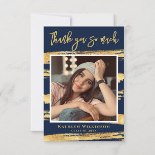 Modern Navy Blue Gold Script Chic Photo Afstuderen Bedankkaart