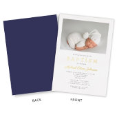 Modern Navy Blue Gold Script Photo Boy Baptisme Folie Uitnodiging