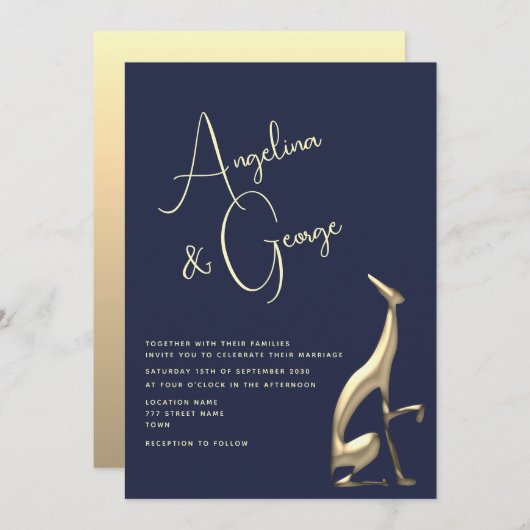 Modern Navy Blue Gold Wedding Invitation Kaart (Voorkant / Achterkant)