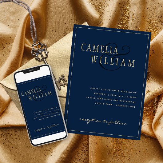Modern Navy Blue Gold Wedding Printed and Digital Kaart