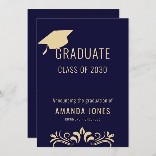 Modern Navy Blue Graduation Party Uitnodiging (Voorkant / Achterkant)