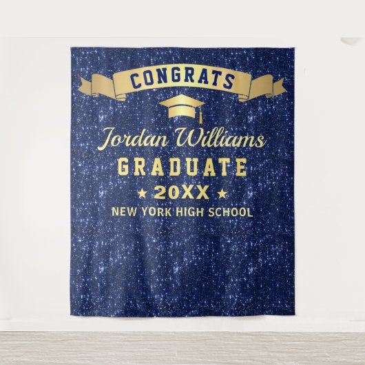 Modern Navy Blue Graduation Photo Booth Backdrop Wandkleed (Voorkant)