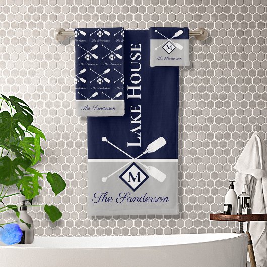 Modern Navy Blue Gray Monogram Lake House Nautical Bad Handdoek