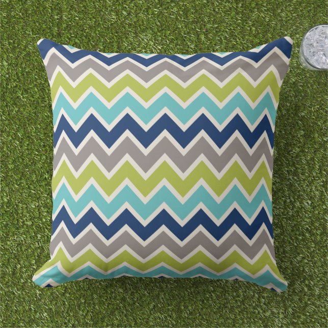 Modern Navy Blue Green en Gray Chevron Buitenkussen (Gras)