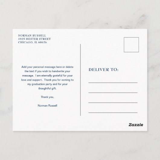 Modern Navy Blue Guy Foto Afstuderen Hartelijk dan Briefkaart (Achterkant)