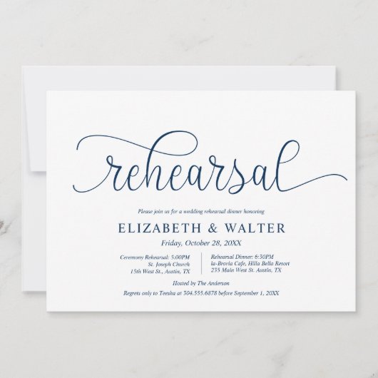 Modern Navy Blue, Huwelijksrepetitie en diner Kaart (Voorkant)