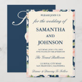 Modern Navy Blue Ivory Floral Monogram Wedding Kaart (Voorkant / Achterkant)