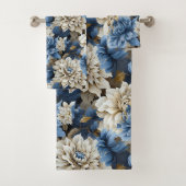 Modern Navy Blue Ivory Gold Floral Bath Towel Bad Handdoek (Insitu)