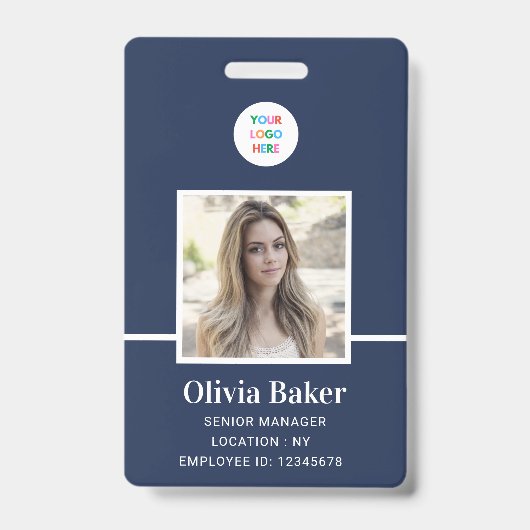 Modern Navy Blue Logo Beveiligingswerknemer Foto Badge (Voorzijde)
