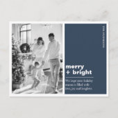 Modern Navy Blue Merry + Bright Christmas Photo  Briefkaart (Voorkant)