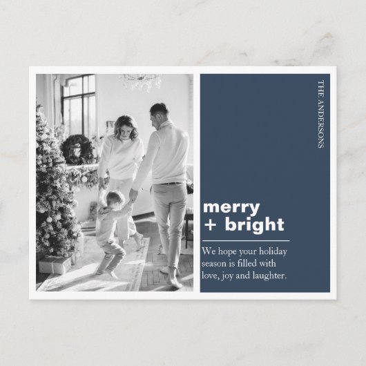 Modern Navy Blue Merry + Bright Christmas Photo Briefkaart (Voorkant)