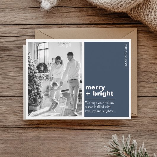 Modern Navy Blue Merry + Bright Christmas Photo  Briefkaart