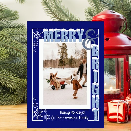 Modern Navy Blue Merry & Bright Retro Typography Feestdagenkaart