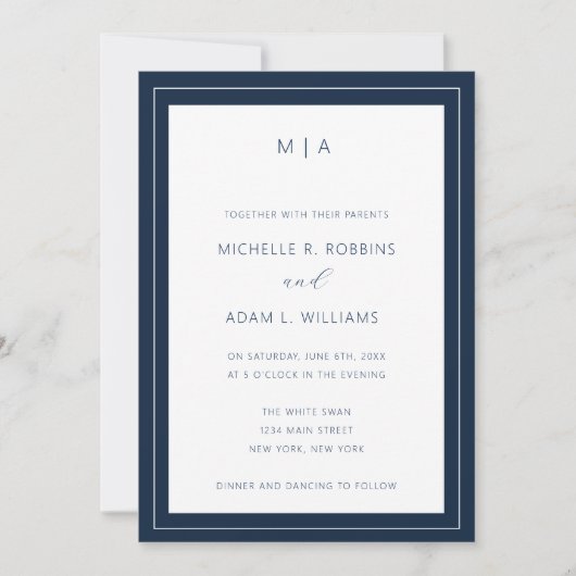 Modern Navy Blue Minimalist Wedding Kaart (Voorkant)