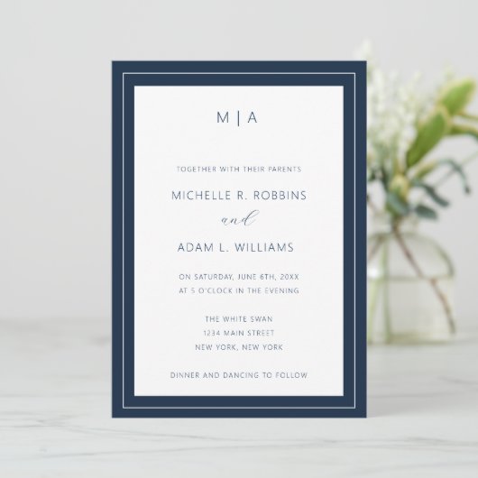 Modern Navy Blue Minimalist Wedding Kaart (Staand voorkant)