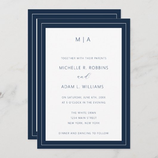 Modern Navy Blue Minimalist Wedding Kaart (Voorkant / Achterkant)