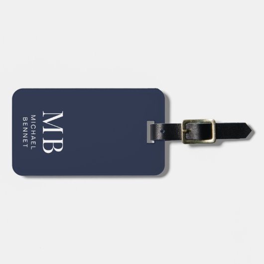 Modern Navy Blue Monogram Bagagelabel (Voorkant horizontaal)