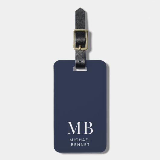 Modern Navy Blue Monogram Bagagelabel (Voorkant verticaal)