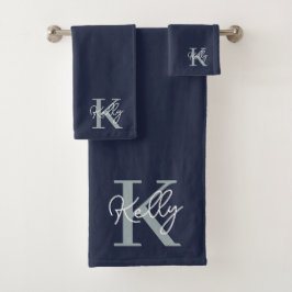 Modern Navy Blue Monogram script Bad Handdoek