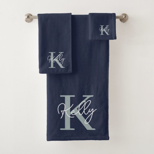 Modern Navy Blue Monogram script Bad Handdoek (Insitu)