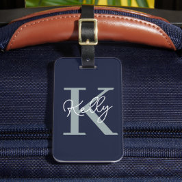 Modern Navy Blue Monogram script Bagagelabel