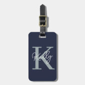 Modern Navy Blue Monogram script Bagagelabel (Voorkant verticaal)