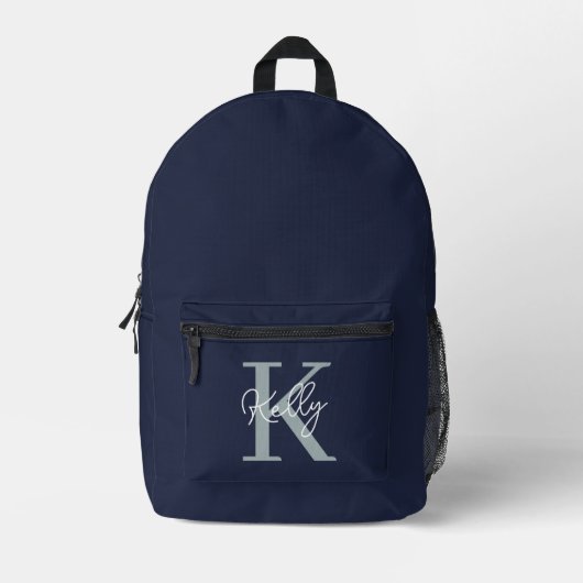 Modern Navy Blue Monogram script Bedrukte Rugzak (Voorkant)