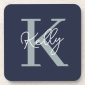 Modern Navy Blue Monogram script Bier Onderzetter (Voorkant)