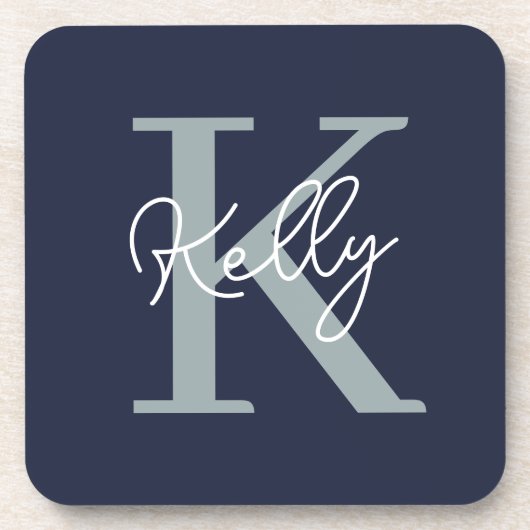 Modern Navy Blue Monogram script Bier Onderzetter (Voorkant)