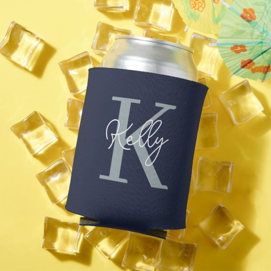 Modern Navy Blue Monogram script Blikjeskoeler (Insitu Zomer)