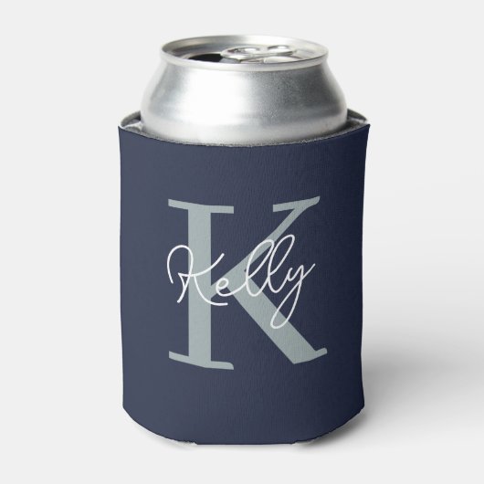 Modern Navy Blue Monogram script Blikjeskoeler (Blikje Voorkant)