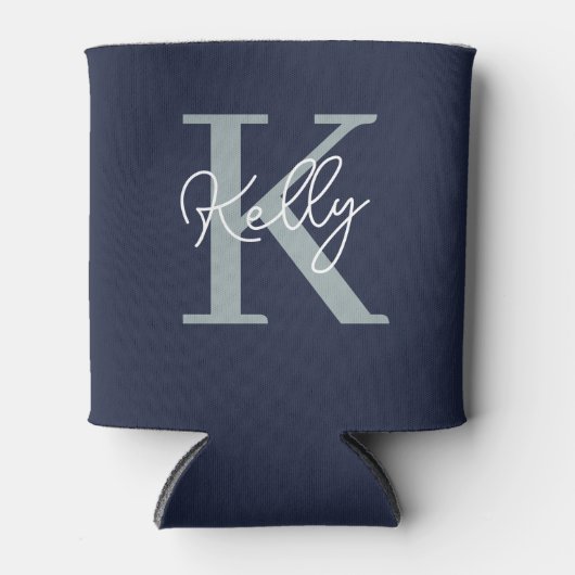 Modern Navy Blue Monogram script Blikjeskoeler (Voorkant)