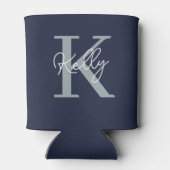 Modern Navy Blue Monogram script Blikjeskoeler (Achterkant)