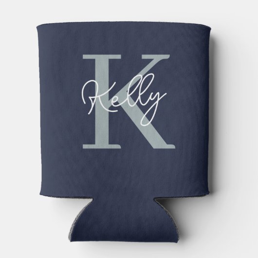 Modern Navy Blue Monogram script Blikjeskoeler (Achterkant)