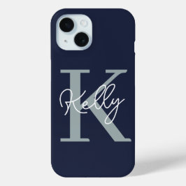 Modern Navy Blue Monogram script iPhone 15 Case