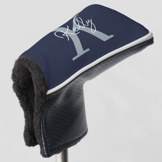 Modern Navy Blue Monogram script Golfheadcover (3/4 voorkant)