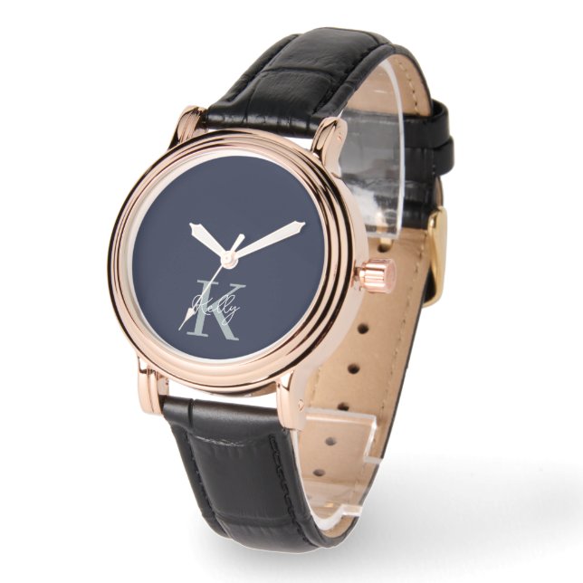 Modern Navy Blue Monogram script Horloge (Hoek)