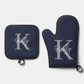 Modern Navy Blue Monogram script Ovenwant & Pannenlap Set (Voorkant)