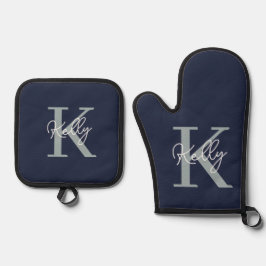 Modern Navy Blue Monogram script Ovenwant & Pannenlap Set