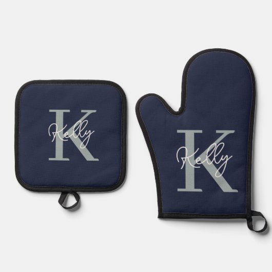 Modern Navy Blue Monogram script Ovenwant & Pannenlap Set (Voorkant)