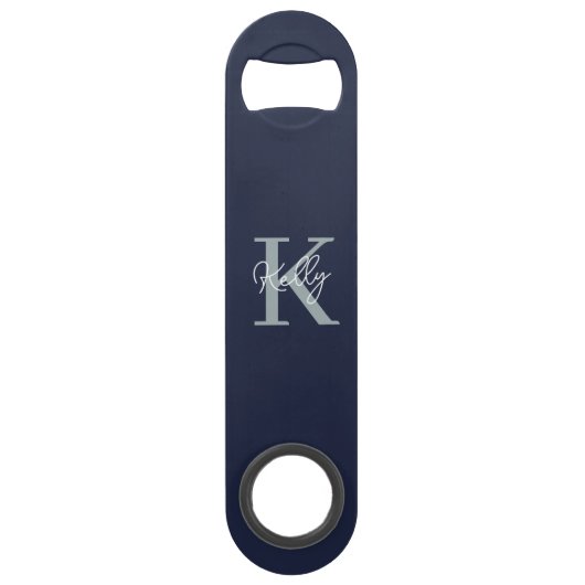 Modern Navy Blue Monogram script Speed Flessenopener (Voorkant)