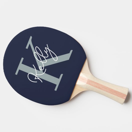 Modern Navy Blue Monogram script Tafeltennisbatje (Zijkant)