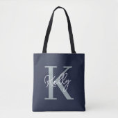 Modern Navy Blue Monogram script Tote Bag (Voorkant)