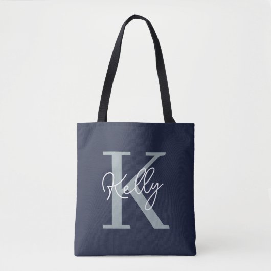 Modern Navy Blue Monogram script Tote Bag (Voorkant)