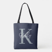 Modern Navy Blue Monogram script Tote Bag (Achterkant)