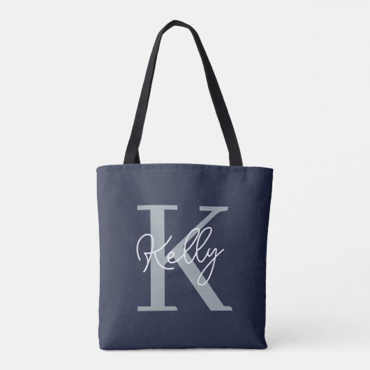 Modern Navy Blue Monogram script Tote Bag (Achterkant)