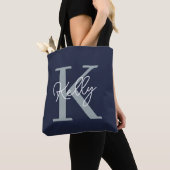 Modern Navy Blue Monogram script Tote Bag (Dichtbij)
