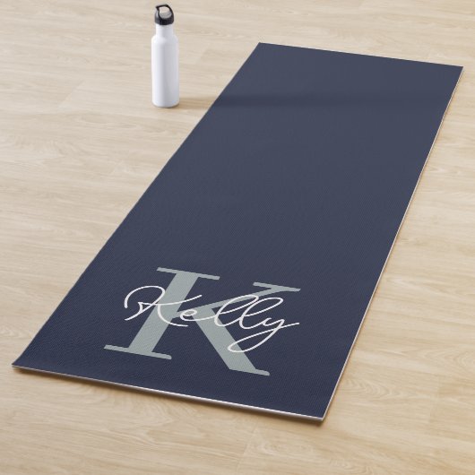 Modern Navy Blue Monogram script Yogamat (In situ)